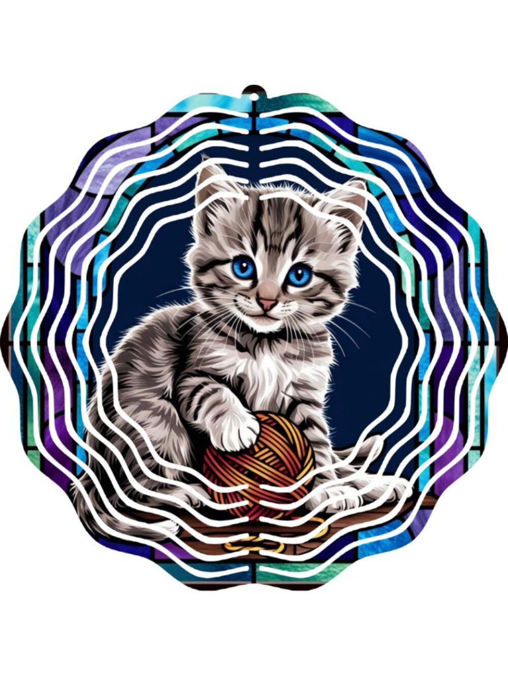Blue Eyed Kitten Wind Spinner 10" Stained Glass Cat Metal Outdoor Garden Decor